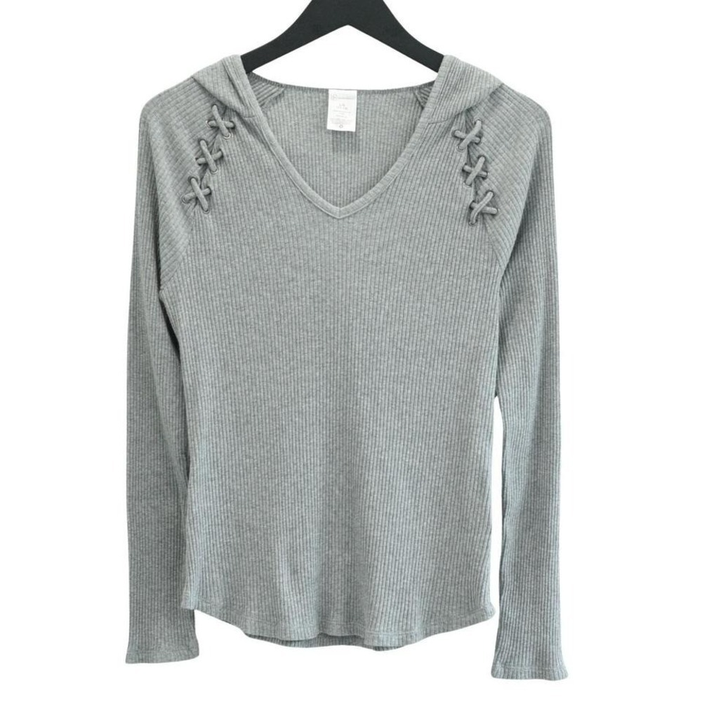 No Boundaries Hoodie Knit Top Womens L Gray Ribbed Lace Up Long Sleeve Shirt